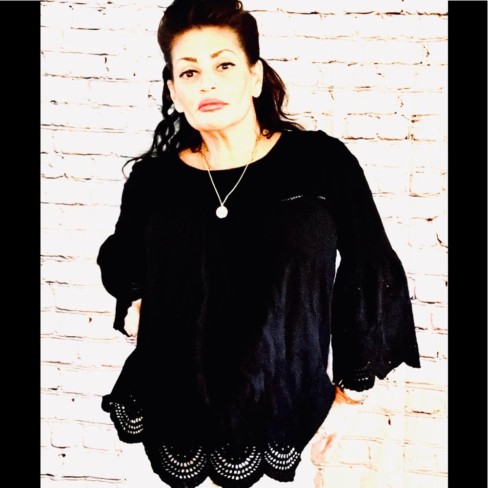 Cupio Cotton top with cutout holes( lace looking) at Sleeves, Beck Line & Bottim